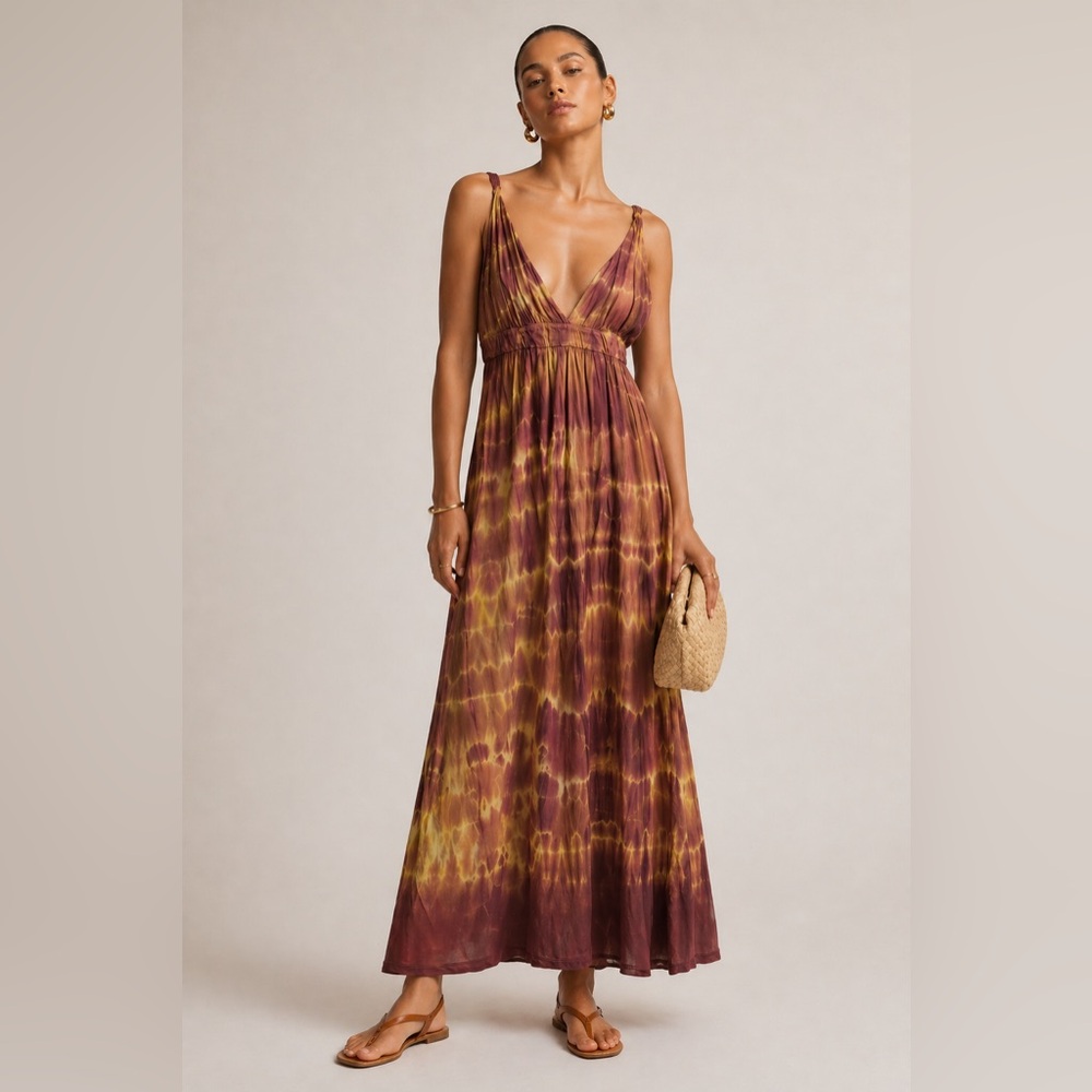 Gypsy 05 earth toned orange brown tie dye midi dress resort. Small